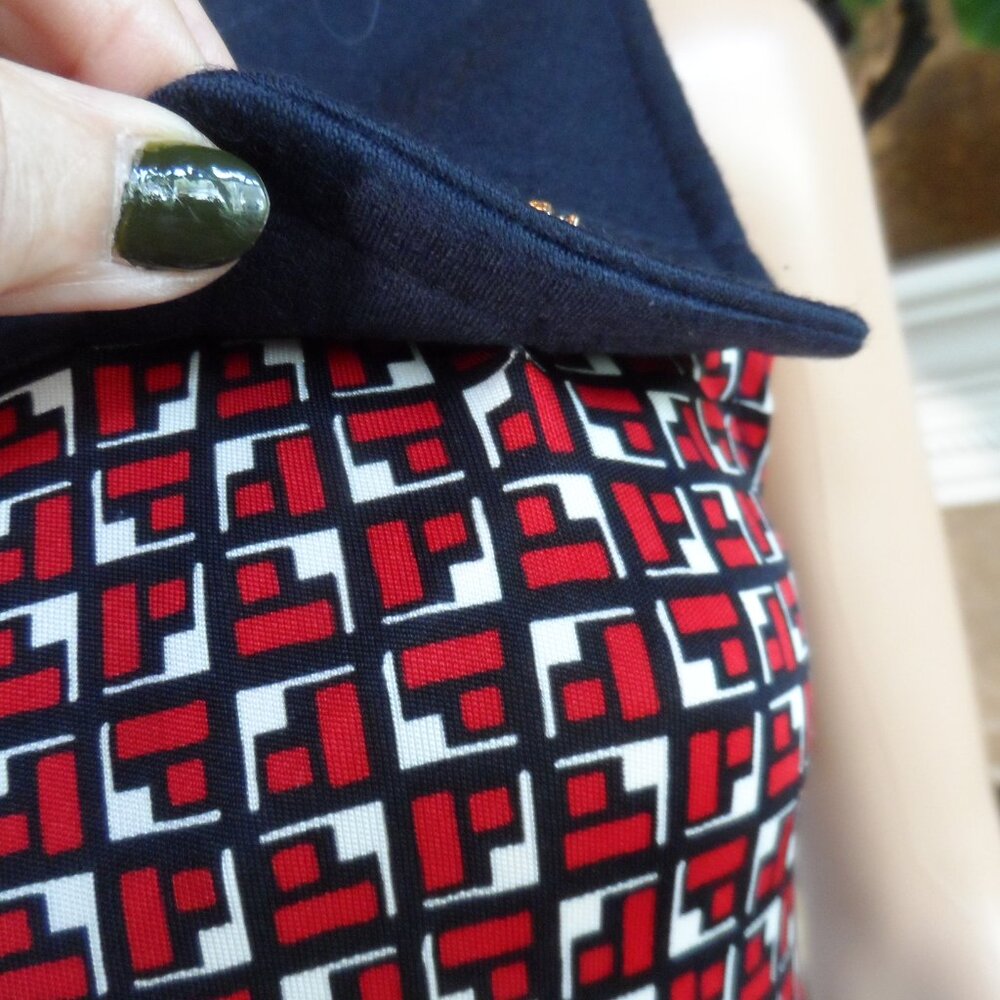 Tory Burch Silk/Wool Navy Blue/Red/White Print Sheath Dress Size XS - Picture 9 of 16